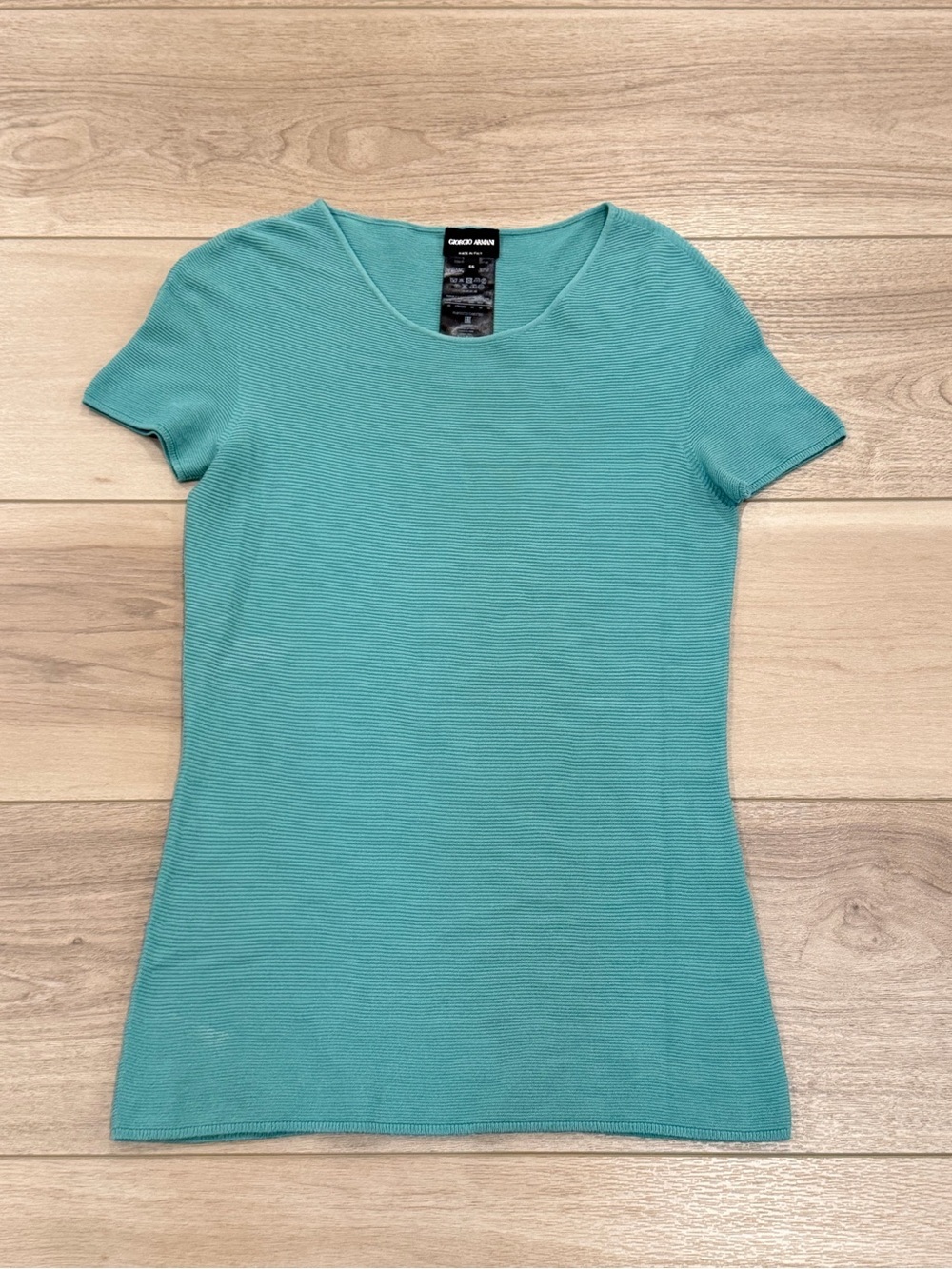 Giorgio Armani Top Womens 46 Teal Ribbed Knit Short Sleeve Italy